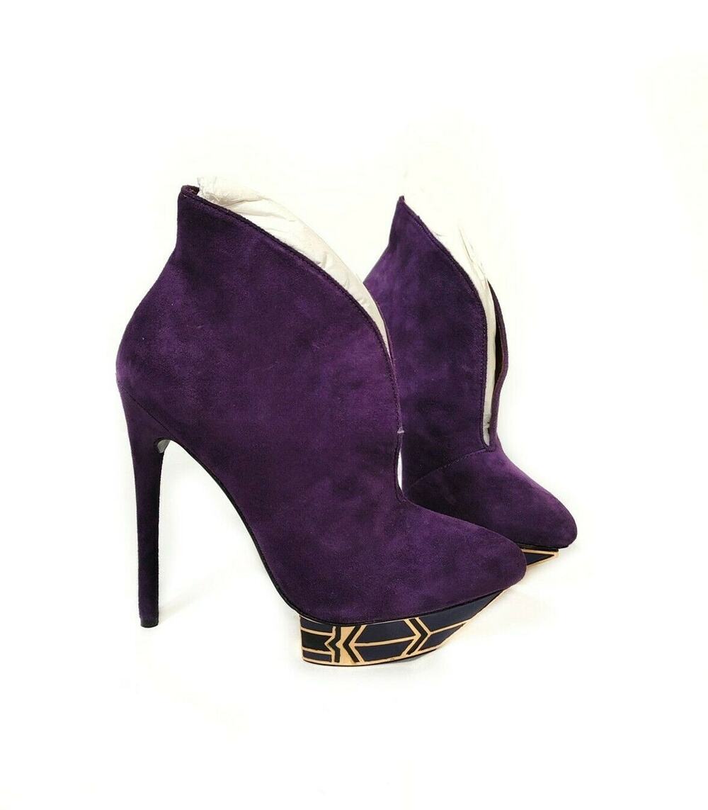 NWOT Ivy Kirzhner Purple Suede Gold Platform Stiletto Ankle Booties $850 Size 6